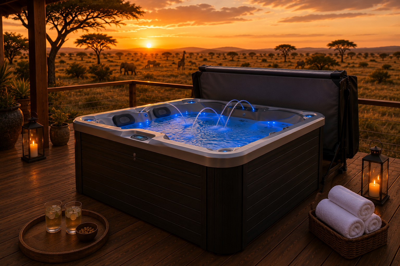 Simba hot tub glowing at dusk on a lodge terrace, cover half-lifted, elephants and giraffe grazing beyond the railing