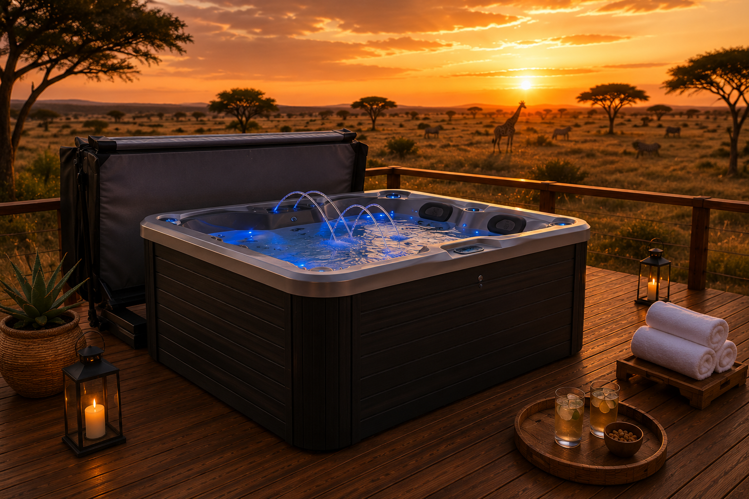 Simba hot tub with illuminated blue jets on a private safari deck at golden hour, zebras and giraffe on the horizon
