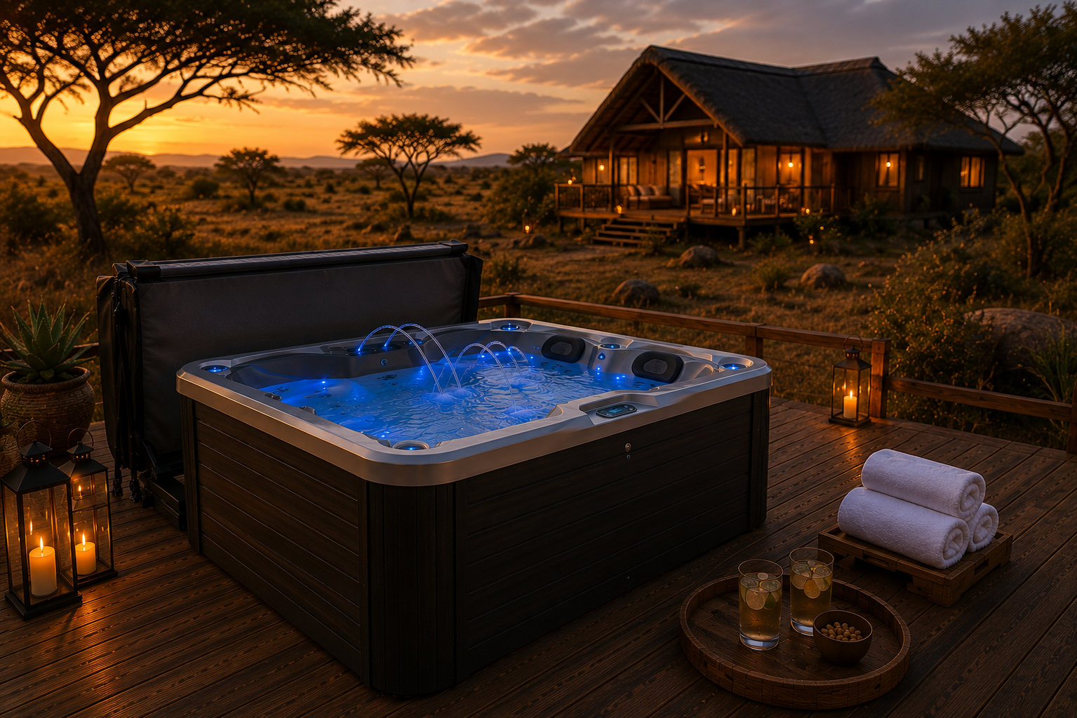 Simba hot tub on a candlelit deck outside a boutique safari cabin at twilight