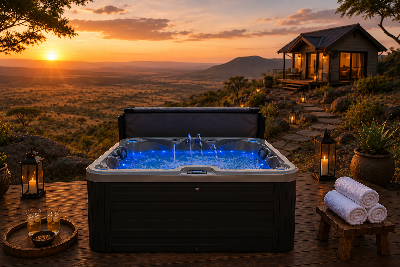 Simba hot tub perched on a hilltop deck with sweeping views over the Kenyan plains, private cabin lit in the background