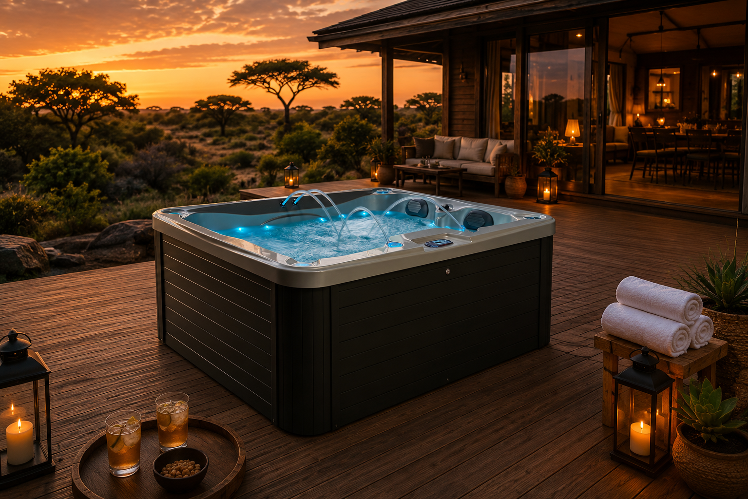 Simba hot tub on the terrace of a luxury lodge dining room, jets running under a warm evening sky