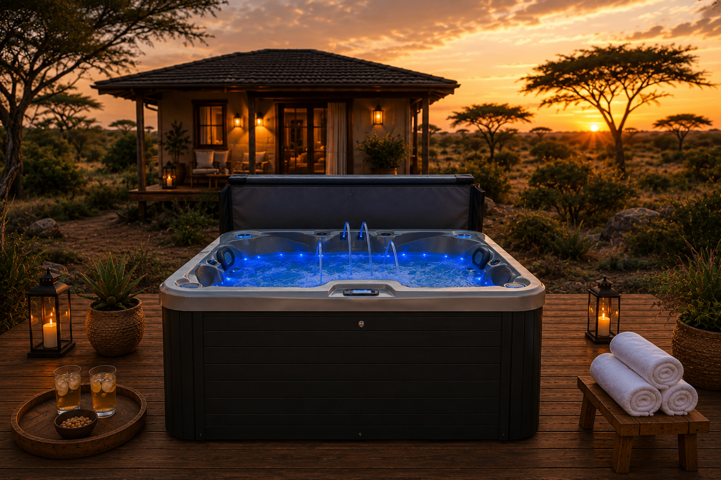 Front view of the Simba hot tub with blue LED lighting and cascading waterfall jets, cottage and acacia trees at sunset behind